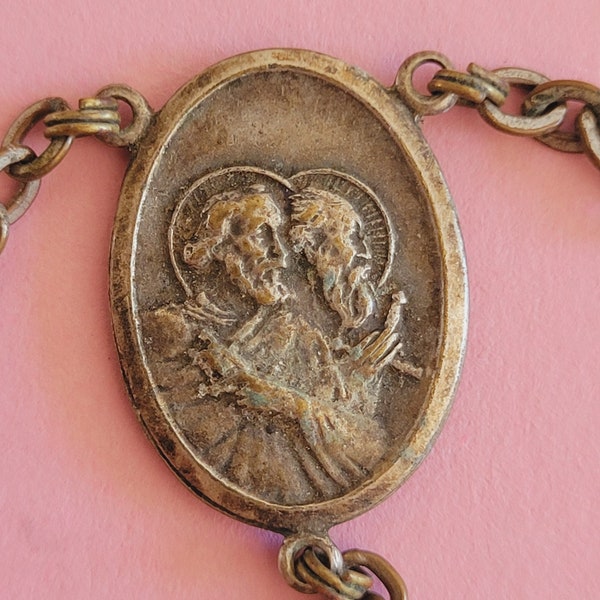 Religious antique French catholic silver plated rosary center medal connector of Saint Peter and Paul and Holy Perputual Mary.