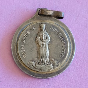 Religious silver and gold plated medal pendant, holy charm of Virgin Holy Mary Our Lady of Pontmain and Holy Christ with sacred Heart.
