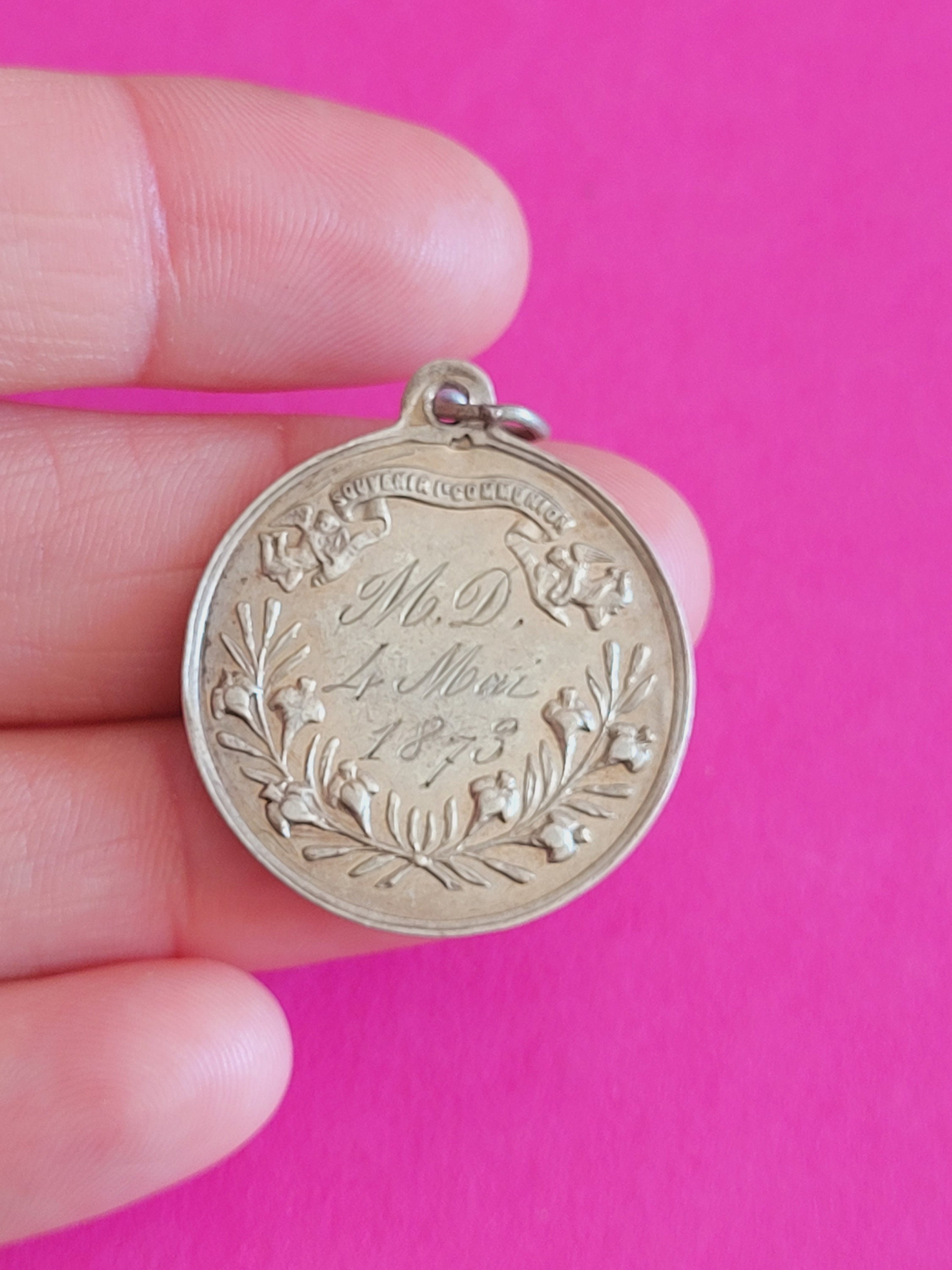 ENGRAVED 4 May 1873 Antique HALLMARKED French Catholic Medal