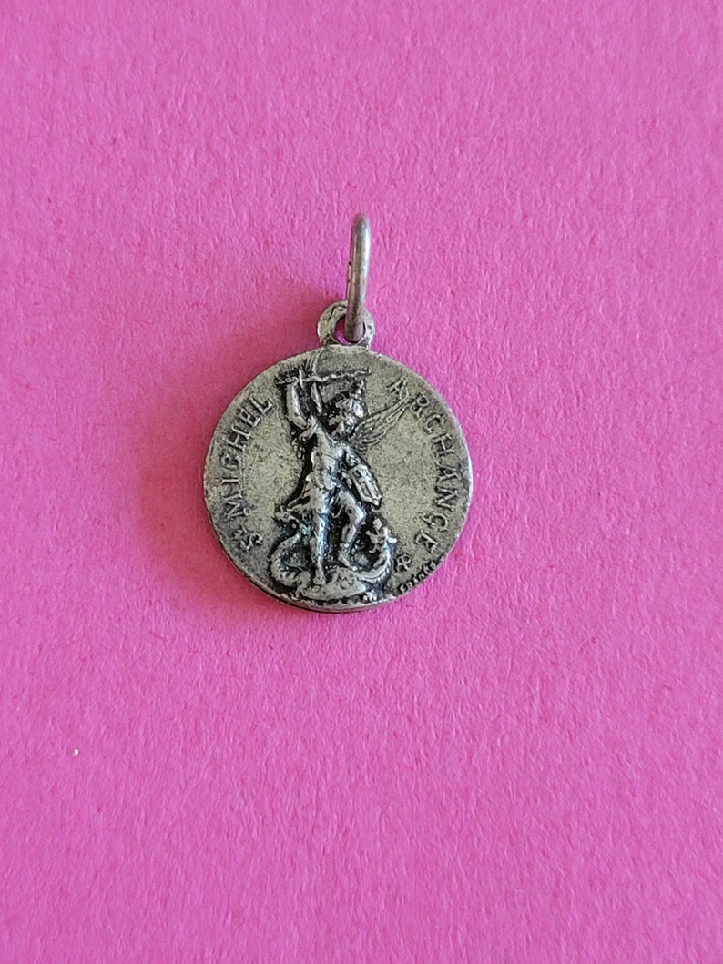 Religious Catholic silvered medal pendant holy charm of St. Michael the Archangel, St. Michel, Guardian Angel and Mont St Michel, France. image 3