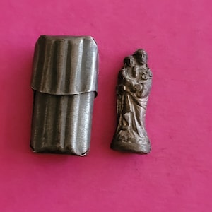 Religious antique pocket shrine, porta saint travelers shrine, little statue miniature silvered statue of Saint Joseph and Child Jesus.