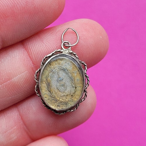 Very old 1800's antique catholic silver (MARKED) medal shops pendant holy charm medal of Sainte CÉCILE, St Cecile, relic, ROMA.