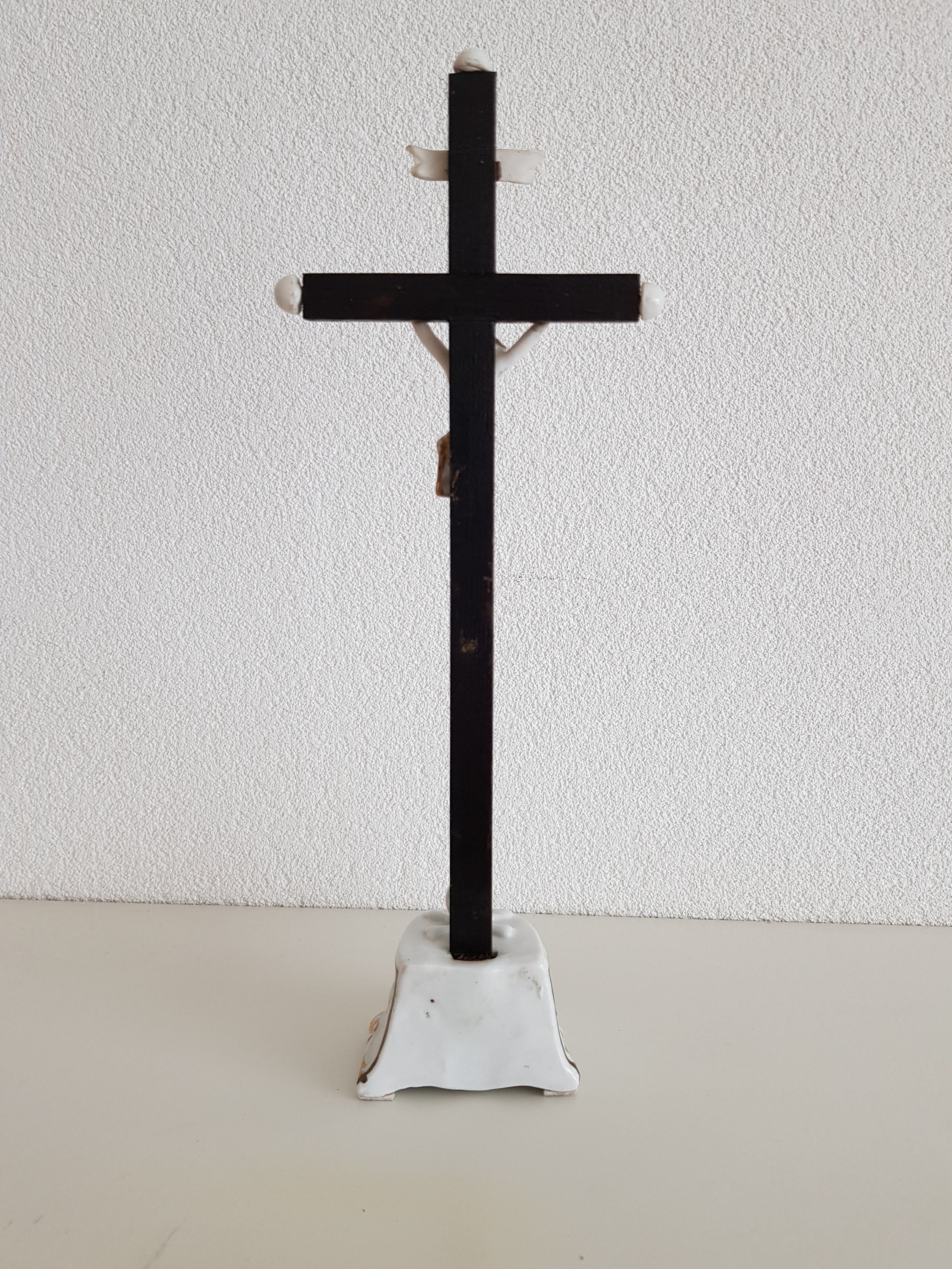 Antique French Porcelain Black Wooden Standing Altar Cross