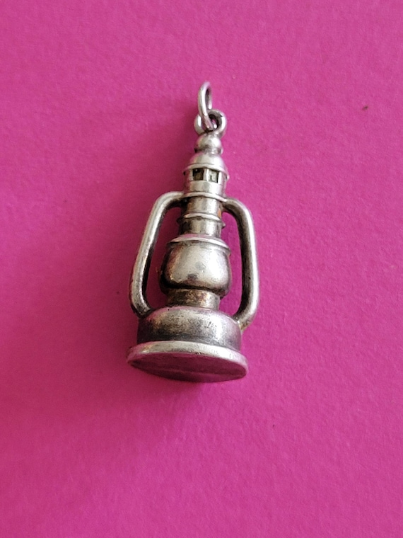Vintage Silver Hurricane Lantern Charm – Kerosene Oil Lamp Pendant – Camping Lantern Charm – Rustic Farmhouse Jewelry