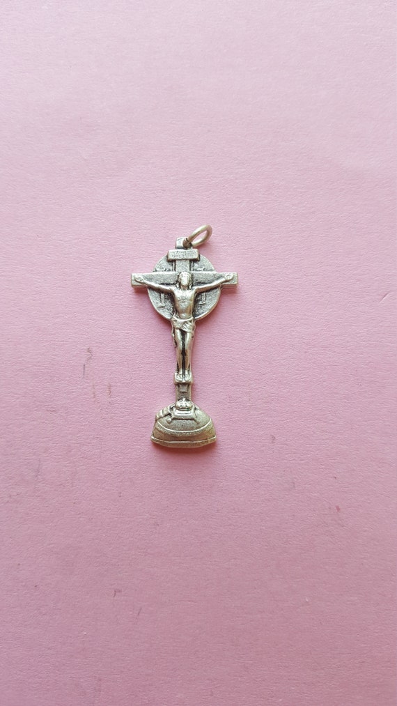 GRANDE CROIX VINTAGE en Métal Argenté MEDAILLE PENDENTIF HOLY MEDAL EUR