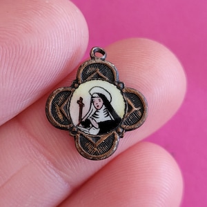 Very rare religious antique silvered catholic enameled medal pendant medaillon medallion of Saint Rita, Sint Rita.