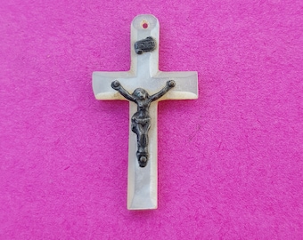 1.5&quot; Precious religious antique French catholic Mother of Pearl nacre perlmutt crucifix pendant cross croix with silver plated corpus.