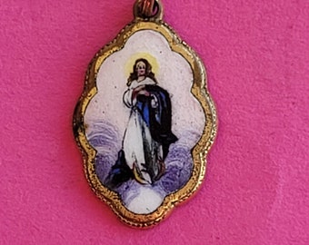 Museal rare stunning antique catholic gold plated medal enamel pendant medallion holy charm of Holy Mary our Lady Virgin Mary