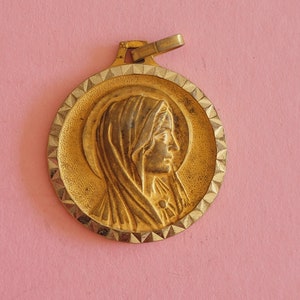 Religious antique gold plated vermeil French catholic medal pendant medallion holy charm of Virgin Mary, Holy Mary Our Lady.