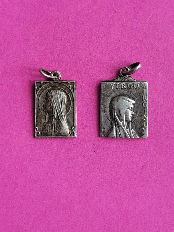 Lot of 2 religious antique silver plated medal pe… - image 6