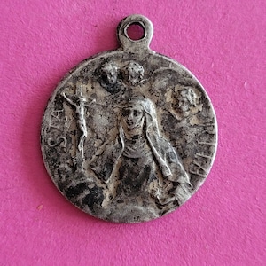 Religious antique French silver plated catholic medal pendant medallion holy charm of St Rita Patron of lost causes, difficult marriages.