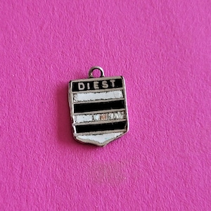 May include: A small, silver-toned pendant with the word "DIEST" at the top. The pendant features a shield design with alternating black and white horizontal stripes. The background is a solid pink color.