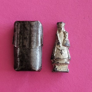 Antique pocket shrine, porta saint, travellers shrine, little statue, miniature silver plated statuette of Holy Virgin Mary and Child Jesus.
