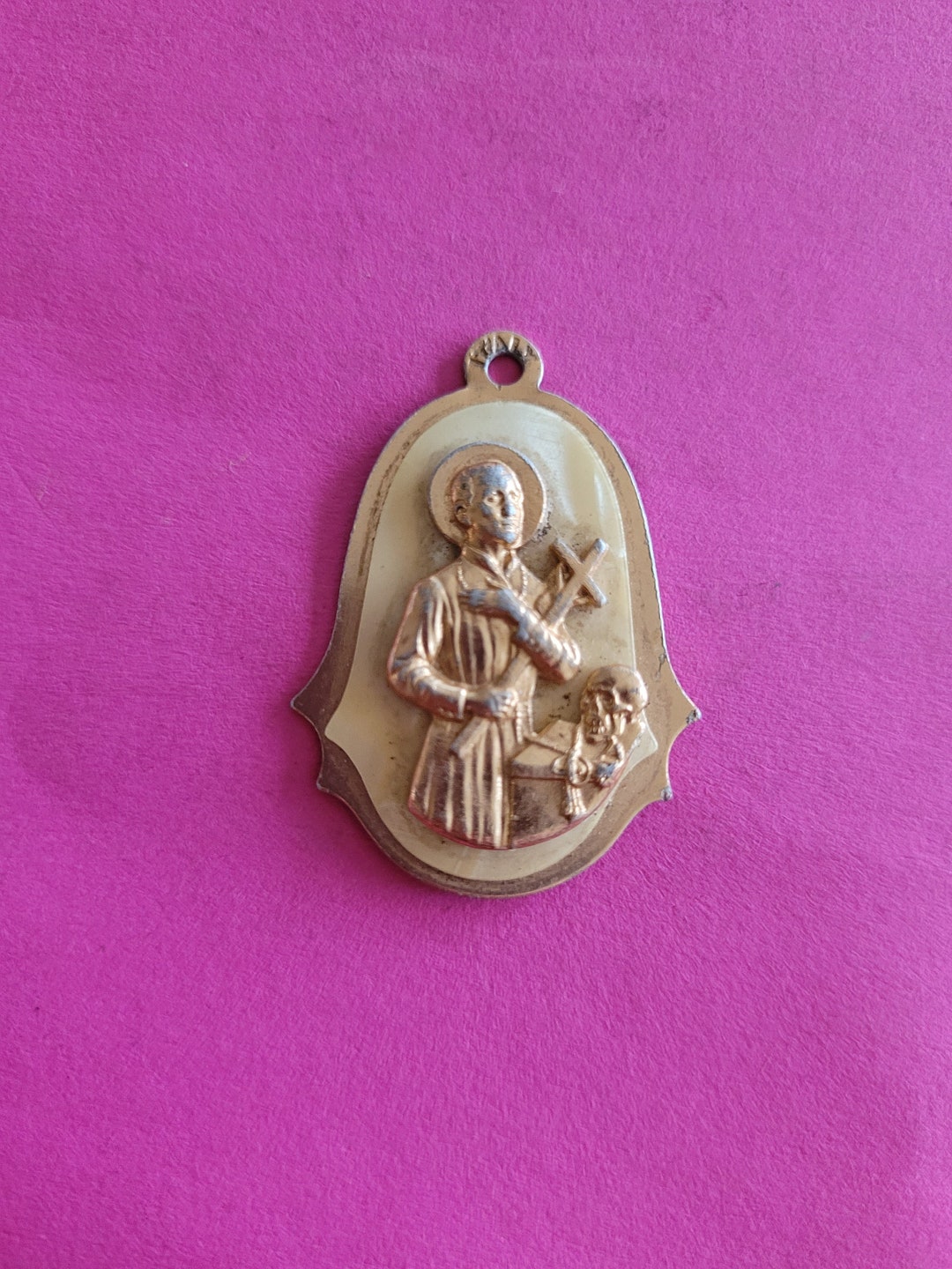 Vintage Gold Aluminium Mother of Pearl Medal Pendant Medallion Holy