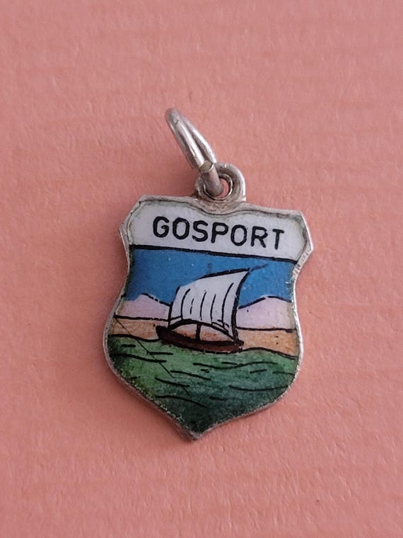 Beautiful vintage silver enameled travel shield charm, memory charms tourist charm, Coat of Arms, charm of Gosport, England, UK