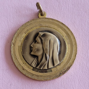 Religious antique gold plated vermeil French catholic medal pendant medallion holy charm of Virgin Mary, Holy Mary Our Lady.