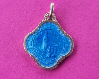 Religious antique holy charm catholic silver plated enamel medal pendant of Our Lady of Fatima, Nossa Senhora Do Rosario De Fatima 1917.