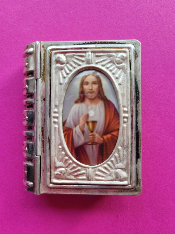 Vintage silver plated Catholic Rosary Case Miniat… - image 2