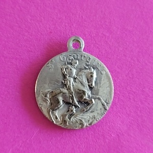 Religious vintage silver plated catholic medal pendant holy charm medallion of Saint George with dragon, and Holy Mary of Wasmes.