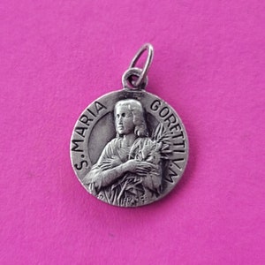 Religious antique French catholic silvered medal pendant holy charm medal of Saint Maria Goretti, St Maria Goretti and St Gabriel.
