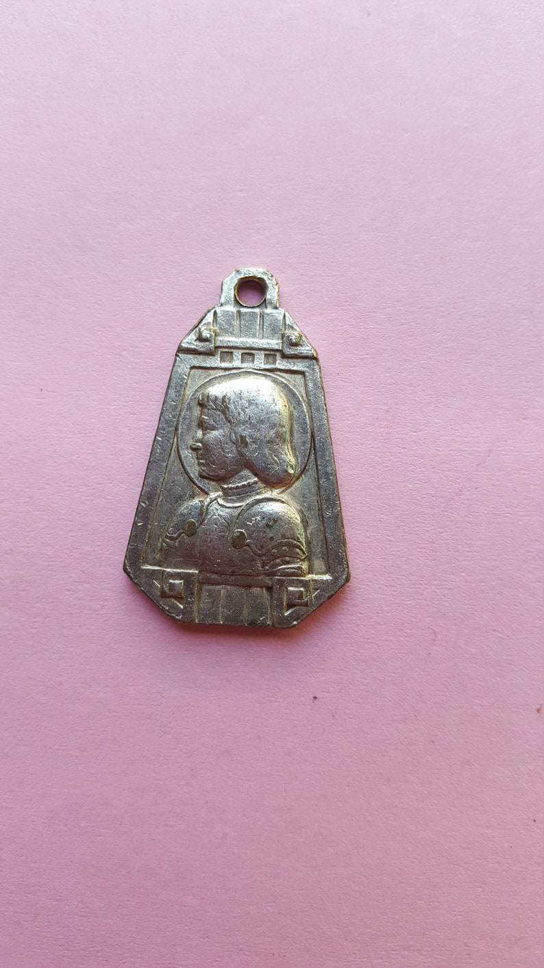 Religious antique French silvered catholic medal pendant medallion holy charm of Saint Jeanne d'Arc, Joan of Arc and Saint Christopher. image 2