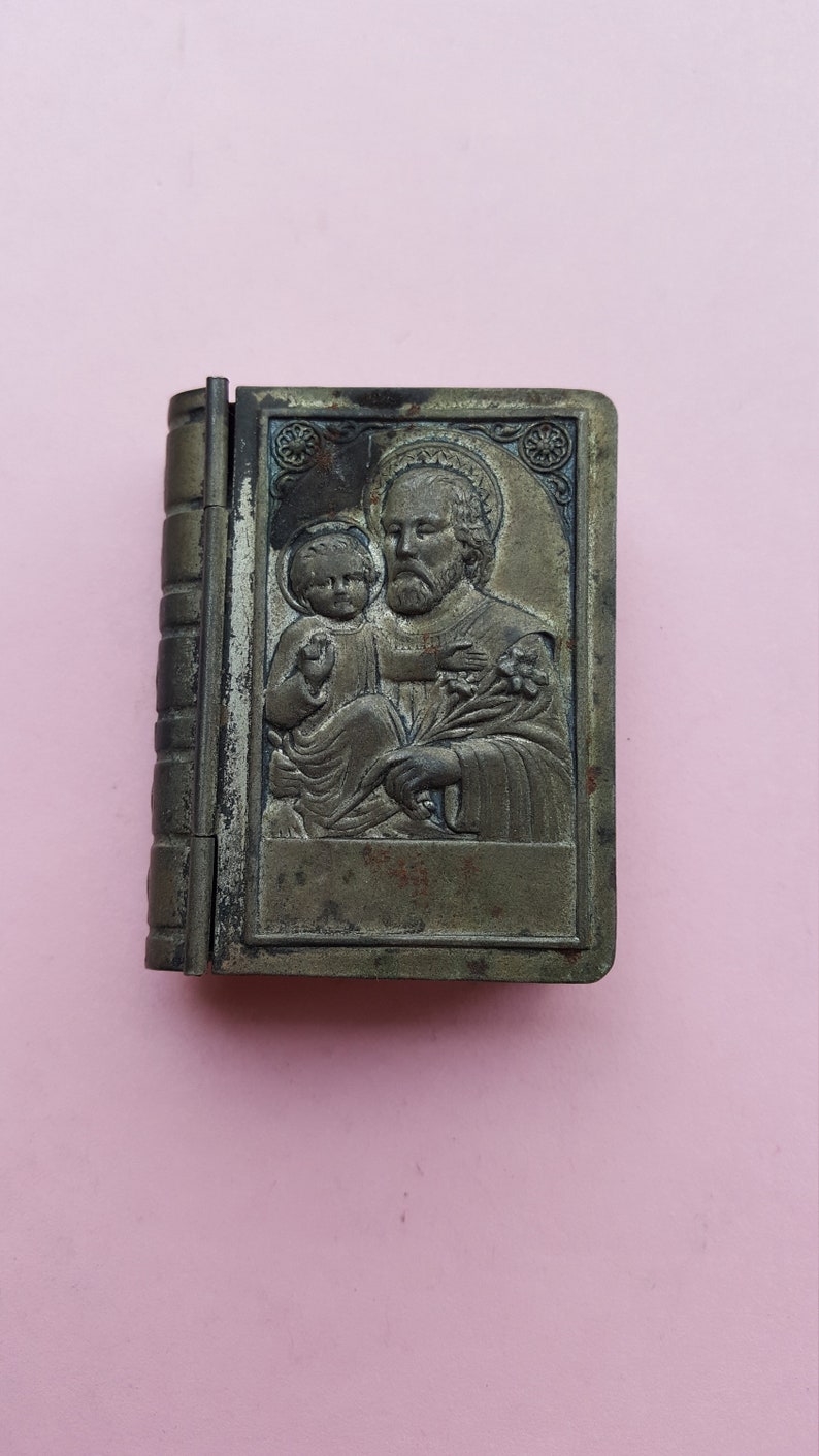 Very old antique silvered Catholic Rosary Case Miniature Box Container Religious Collectible with Saint Joseph and child Jesus.