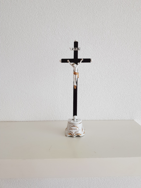 Antique French Porcelain Black Wooden Standing Altar Cross