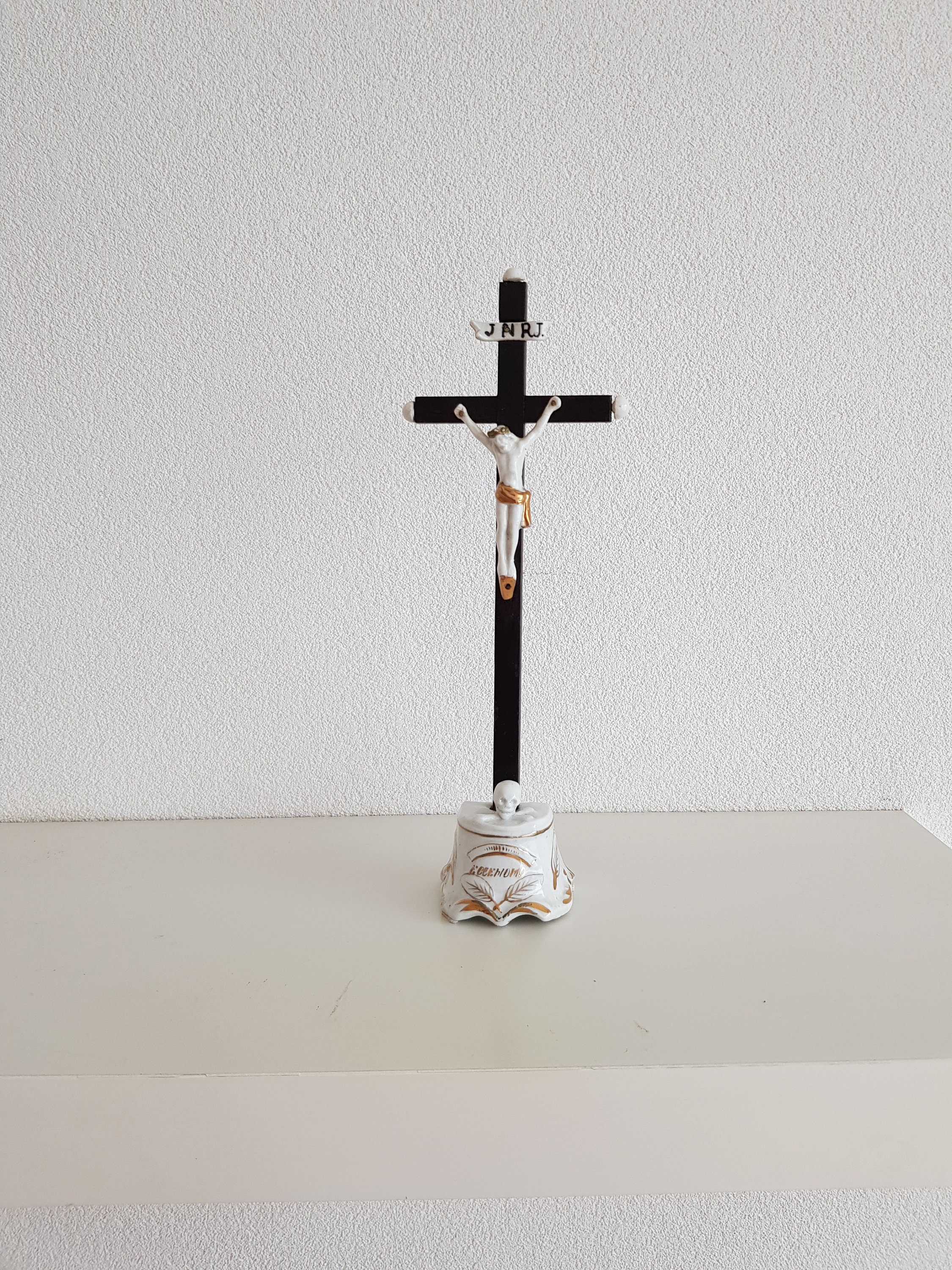 Antique French Porcelain Black Wooden Standing Altar Cross