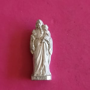 Religious antique silver plated French catholic pocket shrine relic relique with statue of Saint Joseph and Child Jesus.