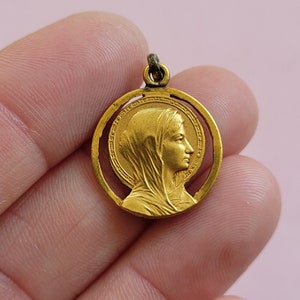 Stunning religious antique gold plated vermeil French catholic medal pendant medallion holy charm of Virgin Mary, Holy Mary Our Lady.