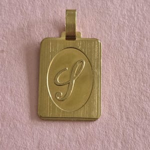 Op de afbeelding: Een rechthoekige goudkleurige hanger met een geborstelde metalen afwerking aan de buitenrand en een glad, gepolijst ovaal midden. Het midden toont een in reliëf aangebrachte, cursieve letter S. Een kleine, verticale goudkleurige hanger is aan de bovenrand bevestigd.