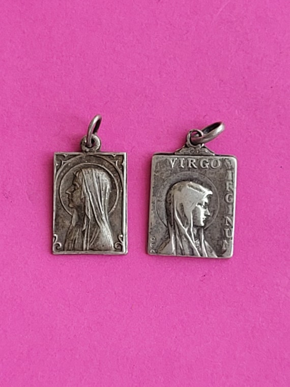Lot of 2 religious antique silver plated medal pe… - image 1
