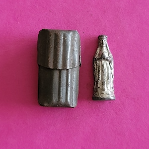 Religious antique silver plated French catholic pocket shrine relic relique porta saint with statue of Holy Mother Mary Our Lady.