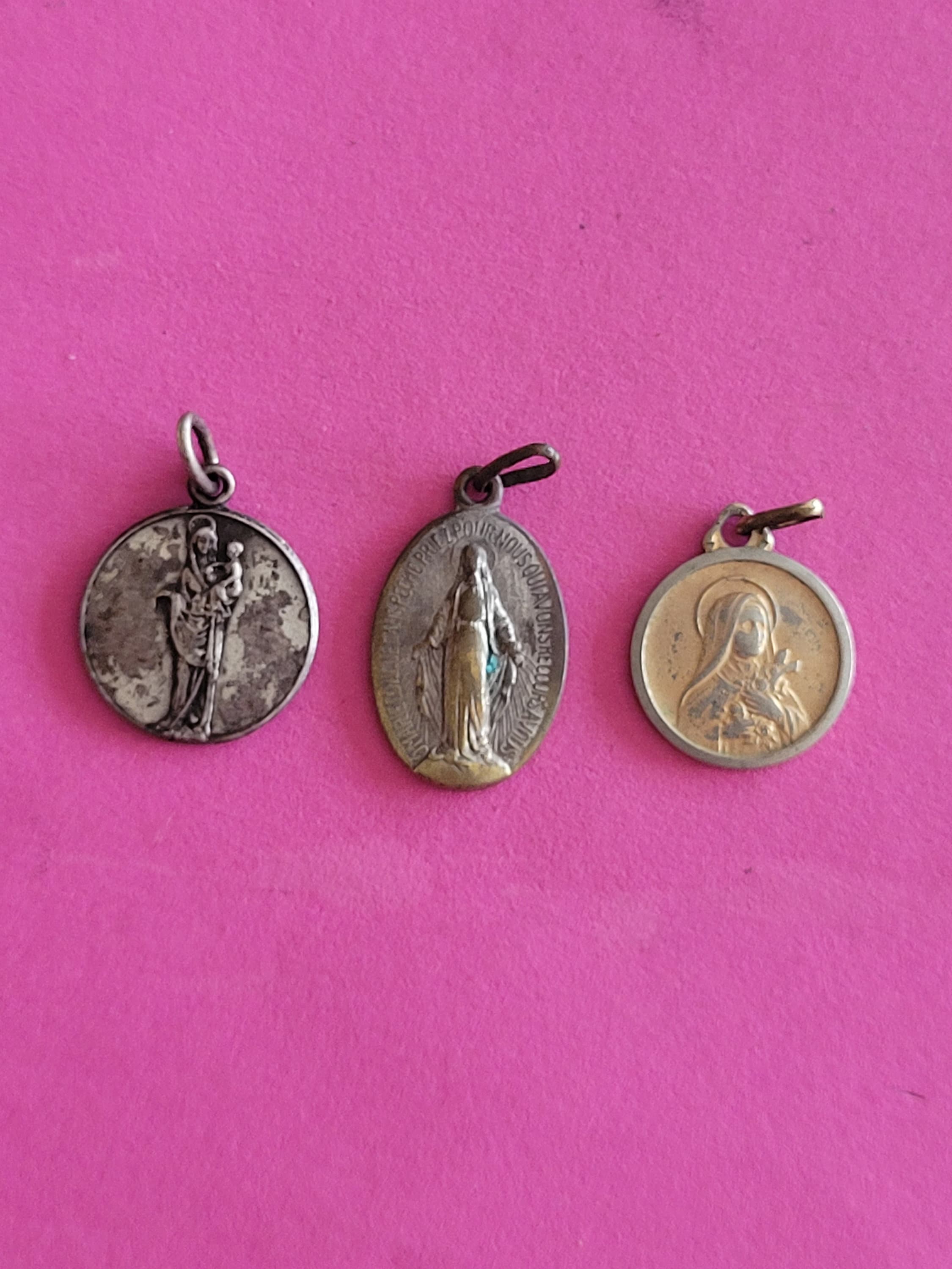 Lot of 3 Antique Religious Catholic Silver Plated Medal Pendant Charm ...