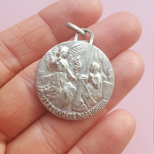 Big religious antique French catholic silvered medal pendant medallion holy charm of an Archangel, Guardian Angel, Angels Bordeaux, France.