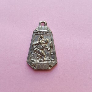 Religious antique French silvered catholic medal pendant medallion holy charm of Saint Jeanne d'Arc, Joan of Arc and Saint Christopher. image 5