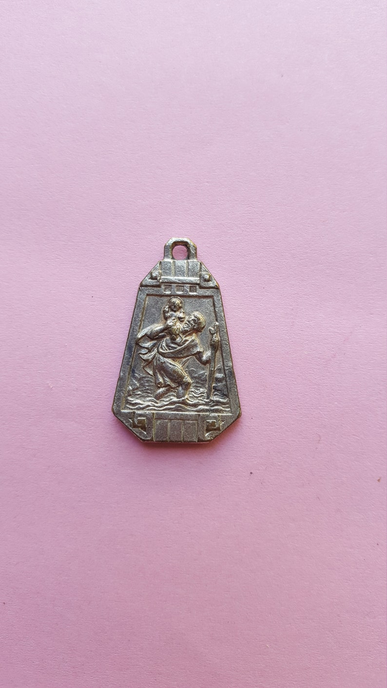 Religious antique French silvered catholic medal pendant medallion holy charm of Saint Jeanne d'Arc, Joan of Arc and Saint Christopher. image 5