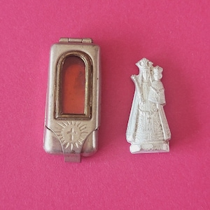 Antique pocket shrine, porta saint, traveler&#39;s shrine, little statue, miniature silver plated statuette of Holy Virgin Mary and Child Jesus.
