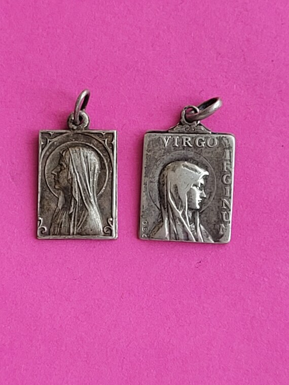 Lot of 2 religious antique silver plated medal pe… - image 2