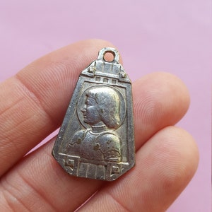 Religious antique French silvered catholic medal pendant medallion holy charm of Saint Jeanne d'Arc, Joan of Arc and Saint Christopher. image 8