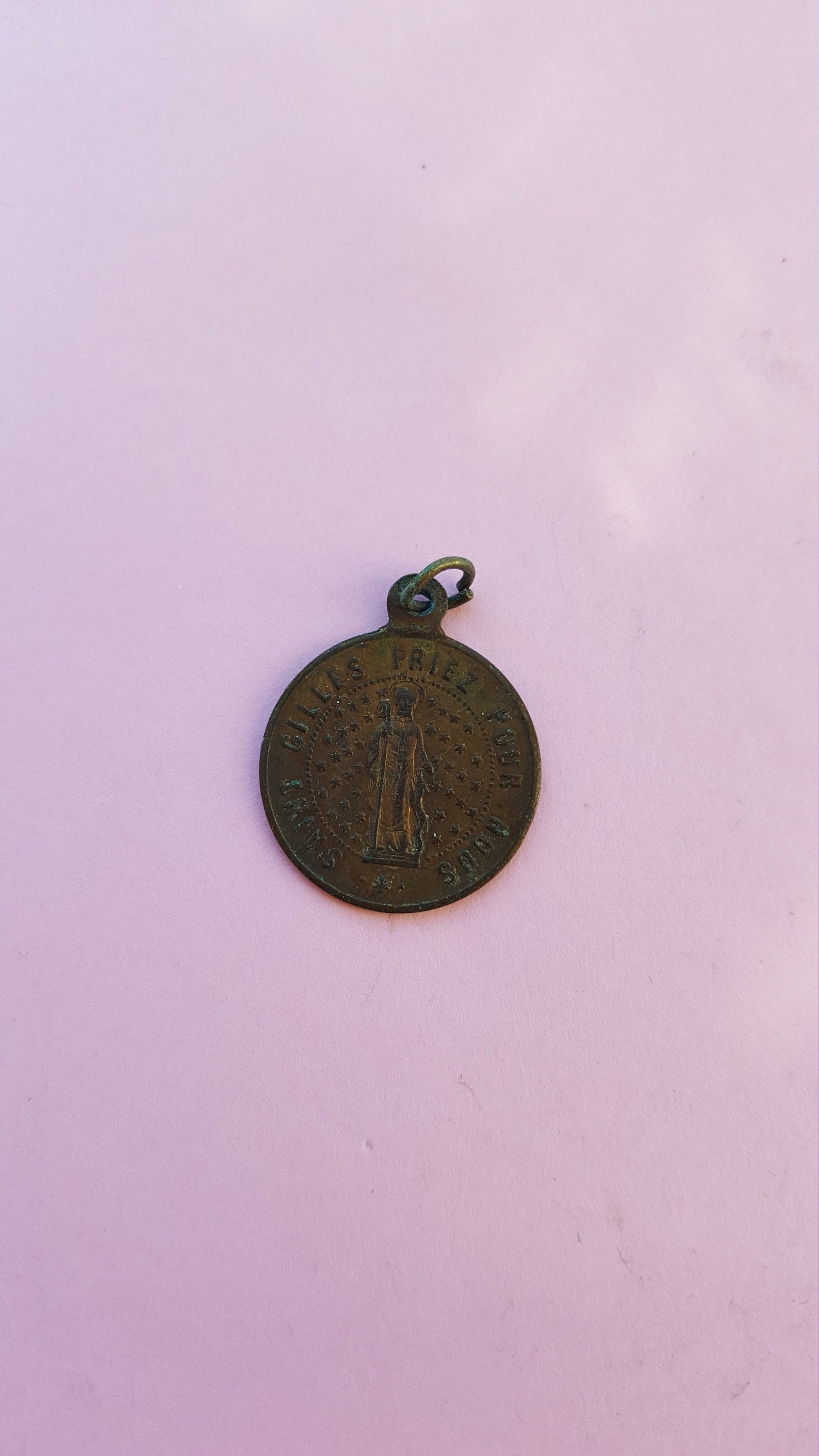 Rare religious antique copper medal pendant medaillon holy charm necklace of Saint Gilles the Hermit, Saint Gillis, Saint Giles.