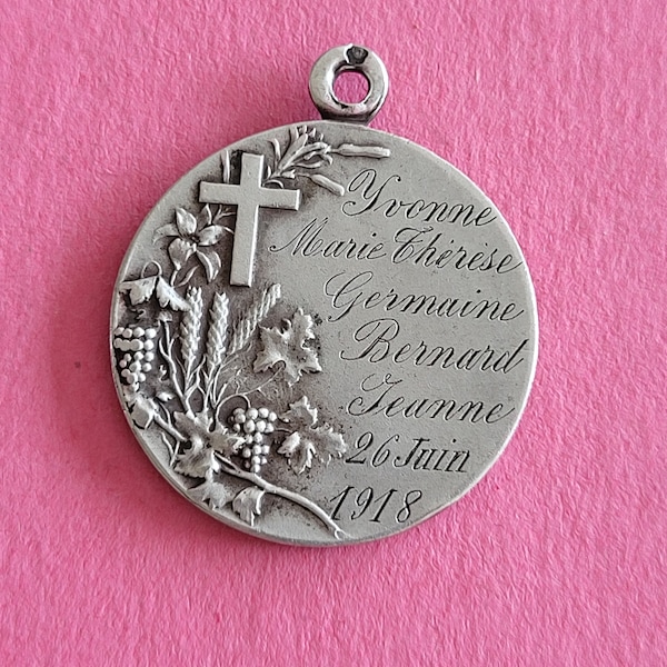 Engraved precious religious antique silver(MARKED) medal pendant medallion holy charm of the Holy Family, First Communion remembrance 1918.