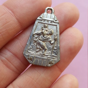 Religious antique French silvered catholic medal pendant medallion holy charm of Saint Jeanne d'Arc, Joan of Arc and Saint Christopher. image 6