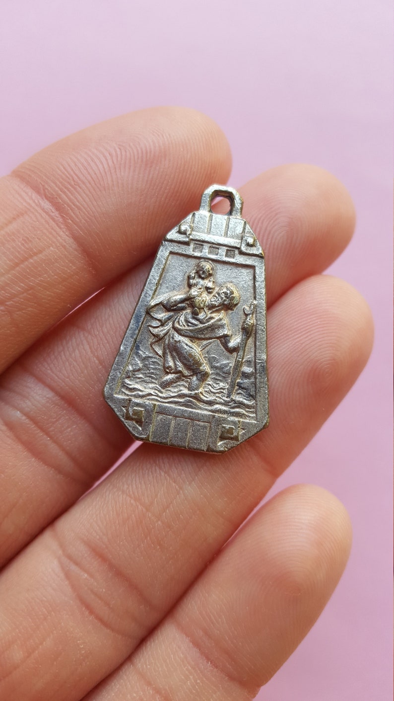 Religious antique French silvered catholic medal pendant medallion holy charm of Saint Jeanne d'Arc, Joan of Arc and Saint Christopher. image 6