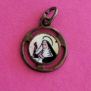Very rare religious antique silvered catholic enameled medal pendant medaillon medallion of Saint Rita, Sint Rita.
