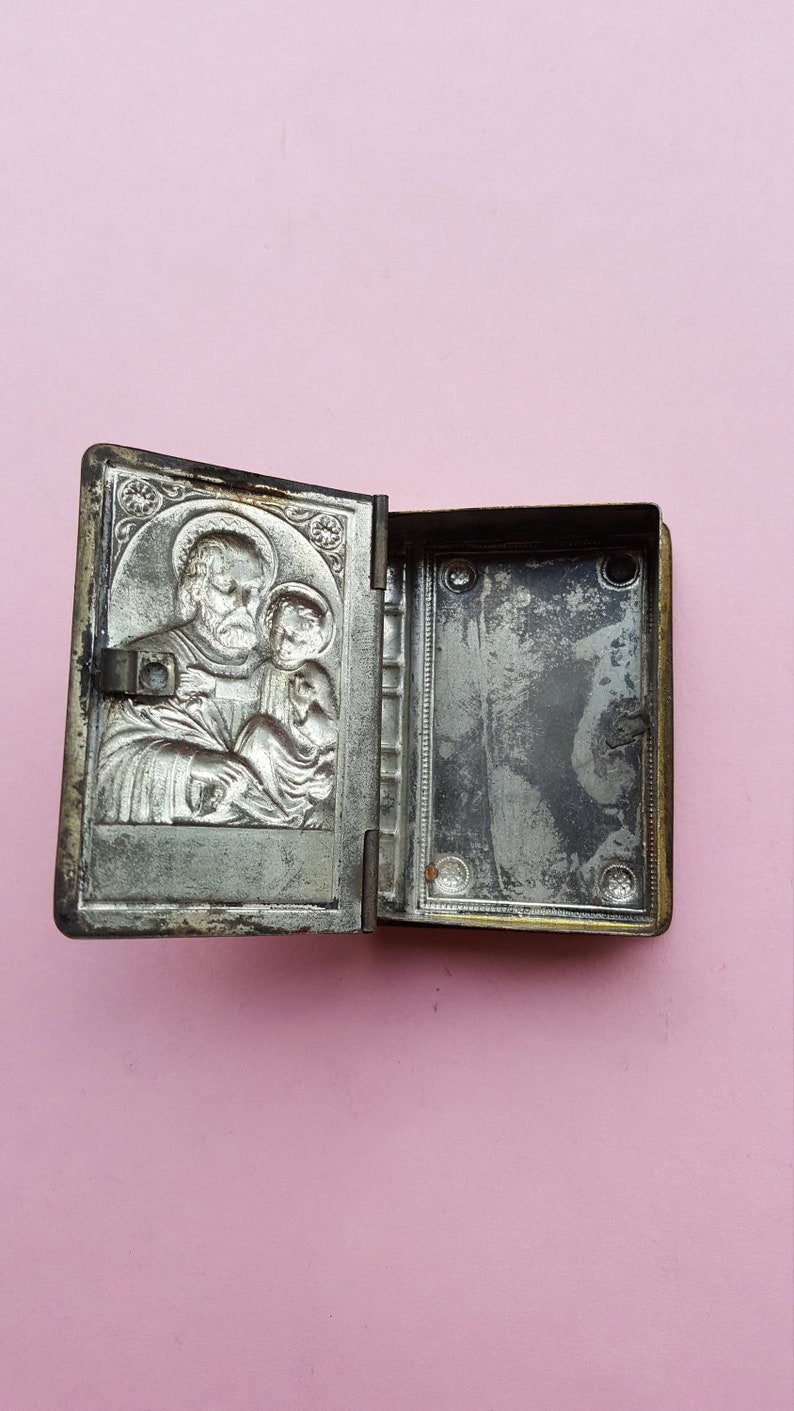 Very old antique silvered Catholic Rosary Case Miniature Box Container Religious Collectible with Saint Joseph and child Jesus.