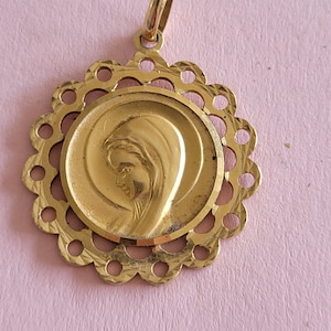 Religious antique gold plated vermeil French catholic medal pendant medallion holy charm of Virgin Mary, Holy Mary Our Lady.
