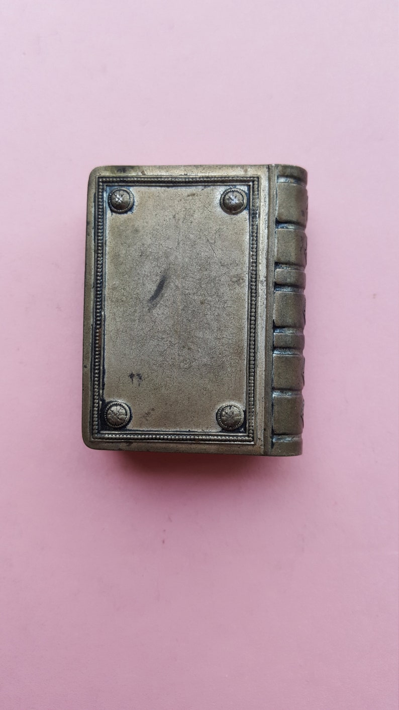 Very old antique silvered Catholic Rosary Case Miniature Box Container Religious Collectible with Saint Joseph and child Jesus.