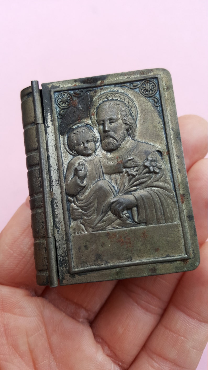 Very old antique silvered Catholic Rosary Case Miniature Box Container Religious Collectible with Saint Joseph and child Jesus.