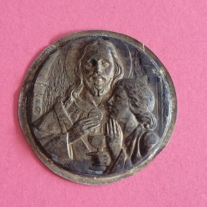 DIY Religious vintage silver plated catholic relic reliquary shield shrine tile Travel Plaque of of the Holy Family, First Communion.